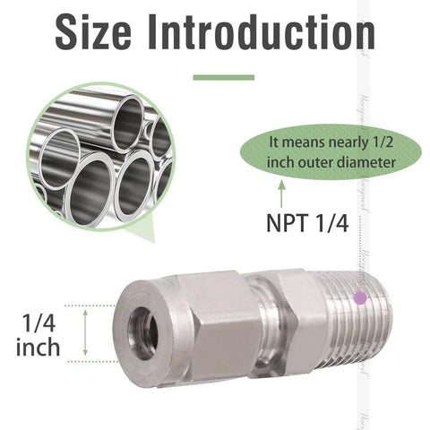 Stainless steel 304 compression fitting side view, 1/4 inch OD to 1/4 inch NPT male tube-to-thread coupler, set of 2.