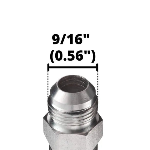Close-up of a 10-Pack Three Eighths Inch Hose To Three Eighths Inch JIC Thirty Seven Degree Male Hydraulic Crimp Fittings measuring 9/16 inch in diameter.