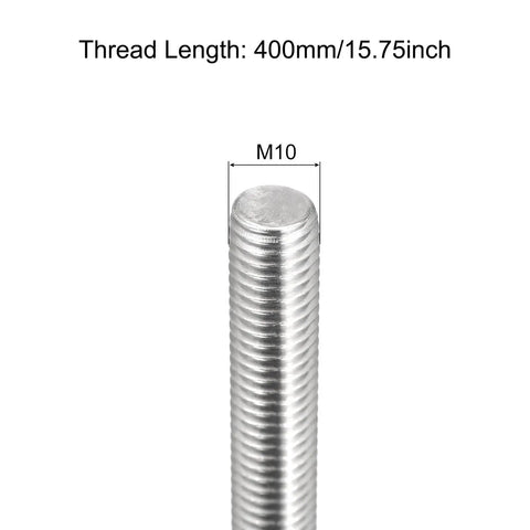 Close-up view of M10 x 400mm Fully Threaded Rod 1.5mm Pitch 304 Stainless Steel Right Hand, showing threading details.
