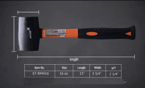 16 Oz Rubber Mallet Hammer With Fiberglass Handle And Shock Absorption Soft Blow Hammer For Flooring Tent Stakes Woodworking Camping And DIY Projects Ergonomic Non Slip Grip with measurement details