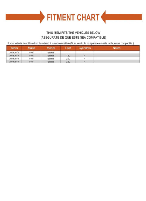 Compatibility chart for 2013-2019 Ford Escape models with Direct Fit Front Wheel Bearing Retaining Ring Kit details.