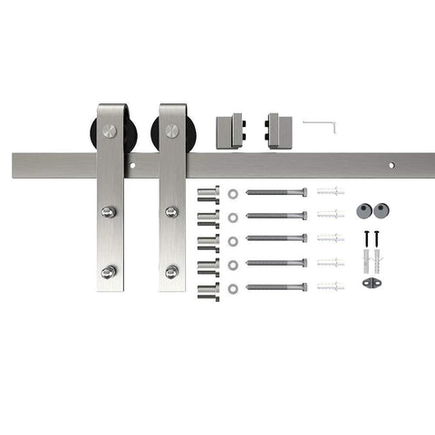 6 Ft Brushed Nickel Sliding Barn Door Hardware Kit With Smooth Quiet Hanger Rollers, Flat Track, J Shape Rollers, hardware set