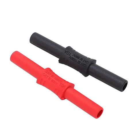 Banana coupler pair, 4mm female-to-female insulated connectors with red and black PVC sleeves