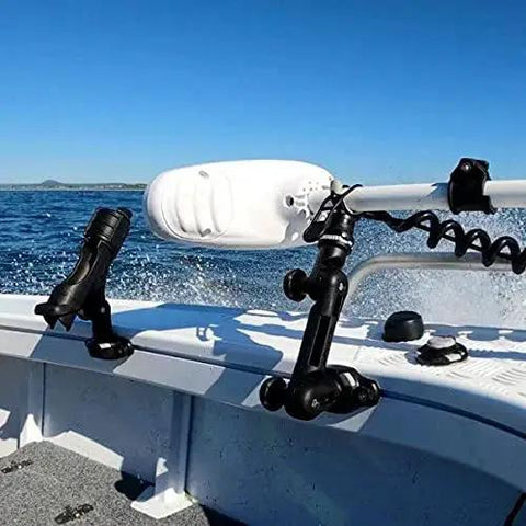 Expandable and Adjustable Trolling Motor Support XL for Kayaks and Boats with Reinforced Marine Mount installed on boat rail.