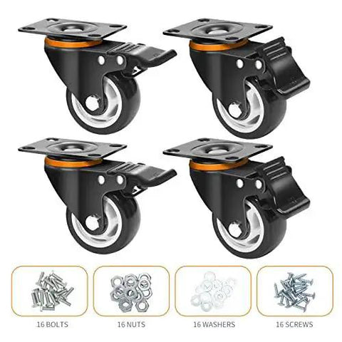 Heavy Duty 3-Inch Locking Swivel Casters With Brakes, Set of 4, polyurethane wheels on steel frame, 1000 lb capacity, screws included