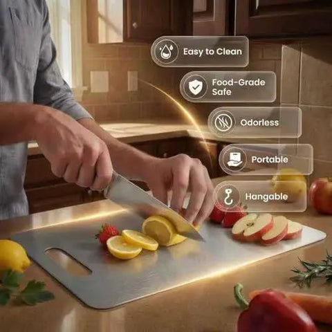 Person slicing fruits on Stainless Steel Cutting Board Set for Kitchen Three Piece Non Toxic Warp Proof Dishwasher Safe With Easy Grip Handles