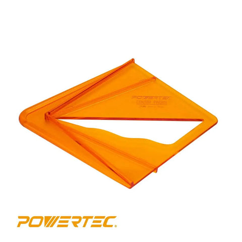 Powertec orange plastic tool for marking centers on wood, labeled as Center Finder Tool For Woodworking Up To Eight Inches.