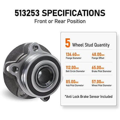 513253 Front Wheel Bearing & Hub Assembly Compatible - Audi A3 Q3 TT Quattro, VW Beetle CC Golf Jetta Passat