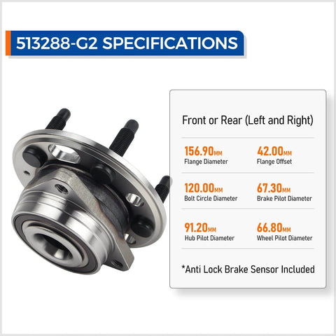513288 Front or Rear Wheel Hub Bearing Assembly Pair specifications for Chevy Malibu Impala with ABS and 5 Lug