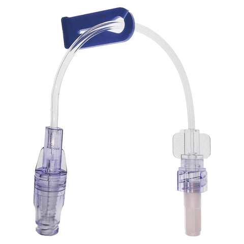 IV extension set with sterile clear tubing and purple luer-lock connectors for veterinary use.