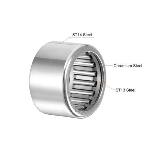Needle roller bearing, drawn cup open end with visible steel needles; 5/8 in bore, 13/16 in OD, 1/2 in width.