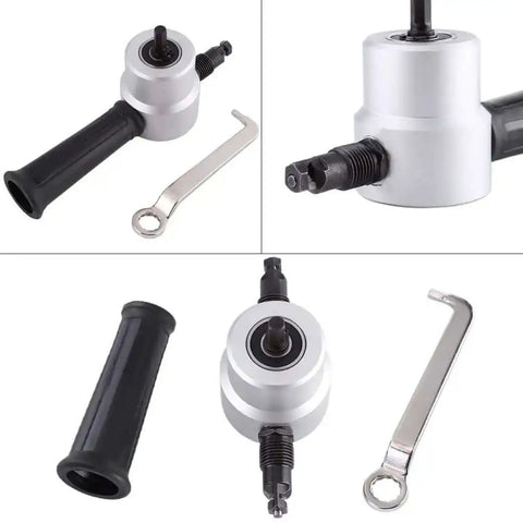 Power Drill Nibbler Attachment For Metal Sheets With Double Head And 360 Degree Adjustable Operation, wrench and handle shown.