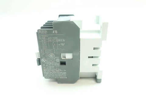 Single AC contactor A16-30-10-84, 110-120 V AC coil, 30 A switching capacity, side view showing terminals and specifications