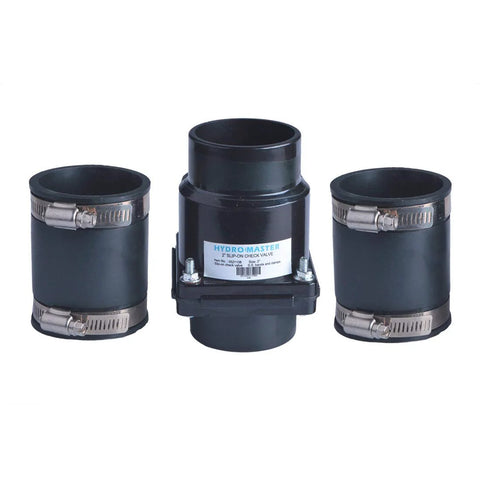Hydro Master plastic sump pump check valve, 2-inch, with stainless steel clamps, three-piece set.