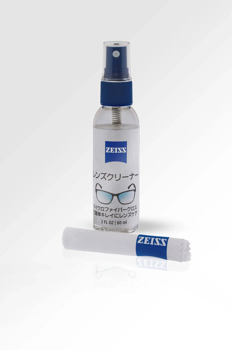 ZEISS Lens Cleaner 2oz Spray with Microfiber Cloth for coated lenses and optics, front view showing spray bottle and cloth.