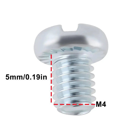 Close-up view of a chain tensioner screw, size M4x5mm, for Stihl MS 170-192 chainsaws, showing measurements for precise chain tension.