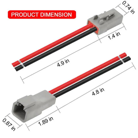 Dimensions of 2 Pin Waterproof Automotive Connector with 12 AWG Cable, showing plug and wiring harness for cars, trucks, and boats