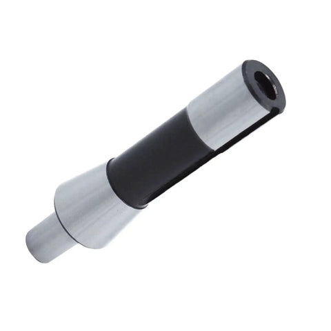 R8 to JT6 drill chuck arbor adapter; silver ends with black middle section, side view