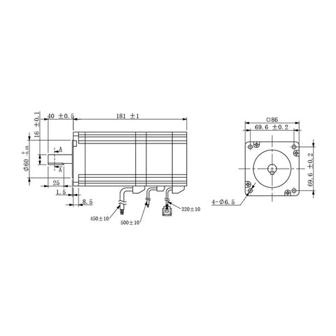 NEMA 34 closed-loop stepper motor schematic with side and top views, showing mounting holes and dimensions.