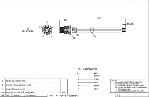 Technical drawing of M12 L Code 5 Pin Panel Mount Receptacle Cable with dimensions and pin assignment details.