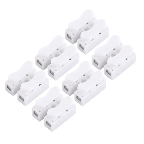 Front view of 100Pcs Push In Wire Connectors 5A 250V No Fuss Quick Connect Electrical Connectors 2 Pin Cable Connector for lighting.