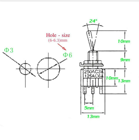 VONVOFF mini SPST toggle switch, three pins; front and side views with mm dimensions (13mm wide, 10mm tall).