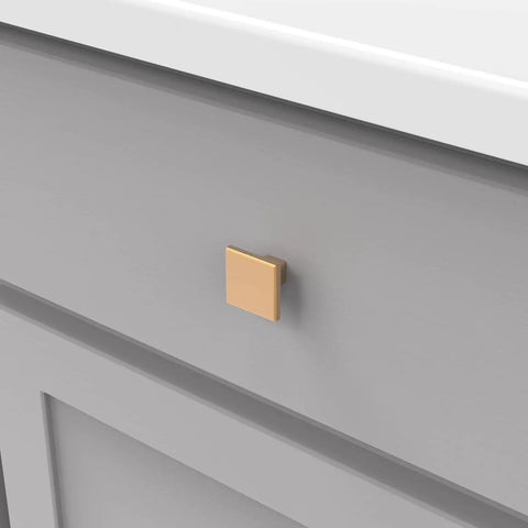 Square Cabinet Knob Set 10 Pack In Brushed Brass One And Three Sixteenths Inch For Kitchen Cabinets Dressers And Bathroom Drawers By Hickory Hardware Go To Modern Hardware Upgrade With Durable Metal Construction And Easy Install on grey drawer.