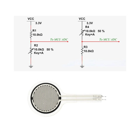 Amazon force-sensitive resistor MD30-60, 30mm diameter thin-film pressure sensor with white circular element and flex leads.