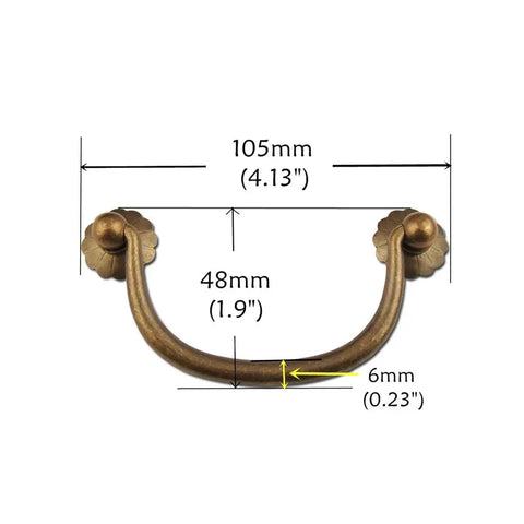 Six Pack Traditional Bail Cabinet Pulls In Antique Brass For Dresser Drawers And Cabinets, Shown with dimensions, 48mm width.