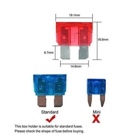 Comparison of sizes for standard and mini blade fuses with measurements for use in 6 Way DC 12 To 32V Blade Fuse Box Holder.