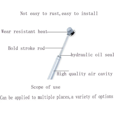Diagram of Gas Spring Lift Support For Cabinet Doors 20N 4.4 Lb, Stainless Steel And Nylon Construction, highlighting features.