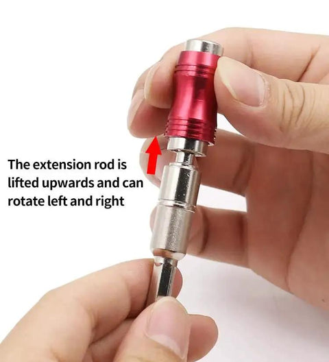 Pivoting One Quarter Inch Magnetic Bit Holder For Drills, Bendable Twenty Degree Screwdriver Extender in hand close-up