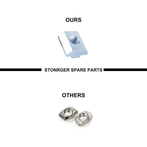 Comparison of our stronger spare part T nut against others for 4 Pack Black Corner Brackets For 4040 Aluminum Extrusion 90 Degree Joint Connectors