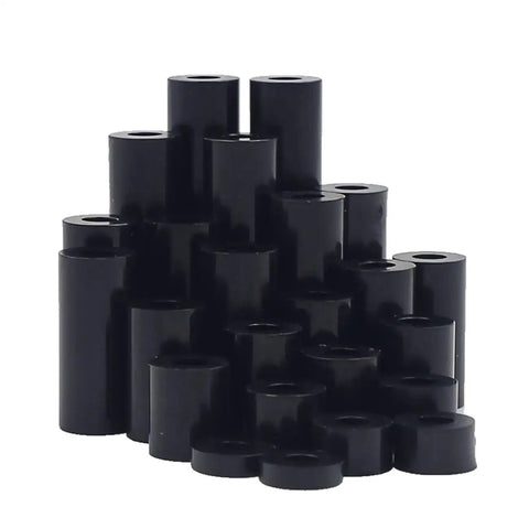 Unthreaded Metric Spacer Kit For M3 Screws 7mm OD 3.2mm ID Black ABS round spacers assorted lengths stacked view