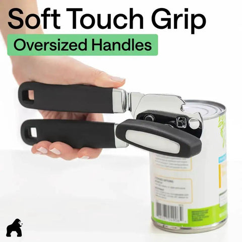 Heavy Duty Stainless Steel Smooth Edge Manual Can Opener And Bottle Opener With Oversized Handheld Turn Knob Soft Comfortable Handle Multifunction Kitchen Tool Us Designed Black in use on a can