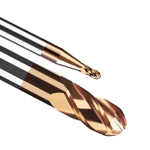 Close-up of Premium Carbide Ball Nose End Mill Bits Set Five Piece Four Flutes TISIN Coated For Alloy Steels Hardened Steels