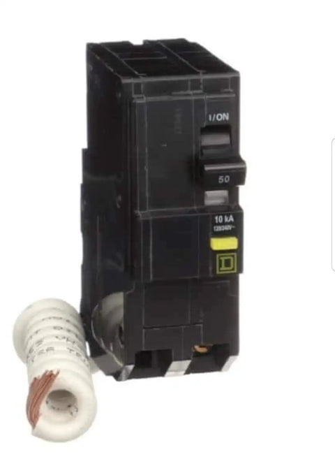 QO250GFIC 50 Amp 120/240V Miniature Circuit Breaker Three Pack shown with visible on/off switch and wiring