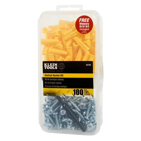 Conical Anchor Kit For Drywall And Masonry With 100 Anchors 100 Number Two Phillips Screws One Quarter Inch Masonry Drill Bit