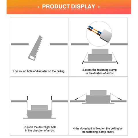 Installation guide for ceiling downlight with diagrams showing cutting, wiring, fastening, and final setup steps.