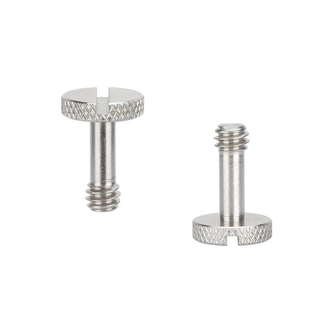 Two stainless steel 1/4-20 long slotted knurled captive mounting screw set, flat head, screwdriver friendly, front view.