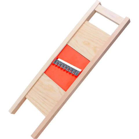 Wooden mandoline slicer with an orange cutting surface, featuring stainless steel crinkle blades. Visible in side view.