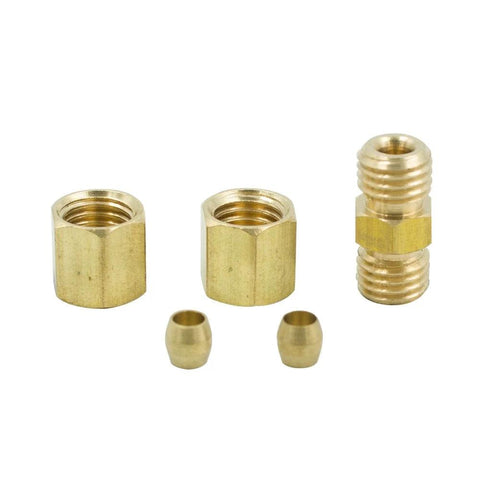 Legines brass compression union fitting, 3/8 in OD x 3/8 in OD; includes two nuts, two ferrules, and one union body.