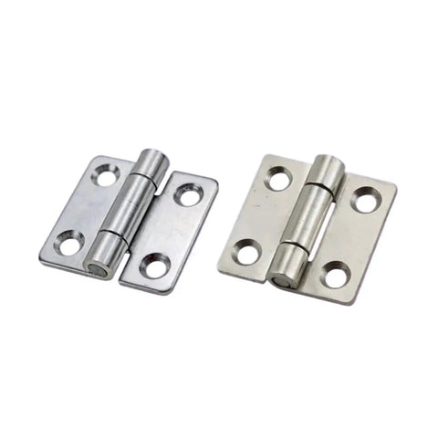 Pair of 1.5-inch square damping hinges with two-hole mounting plates, metal finish.