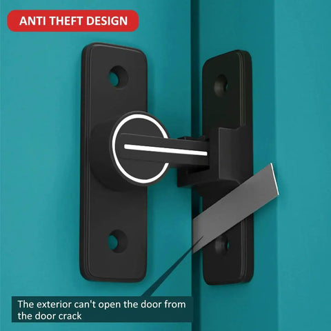 Close-up of 90 Degree Heavy Duty Barn Door Latch Lock for Cabinets Sliding Doors and Barn Doors in matte black finish, installed.