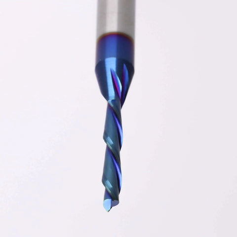 Twofer Pack Down Cut Spiral CNC Router Bits With 1/4 Inch Shank And 1/8 Inch Cutting Diameter, shown in close-up view.