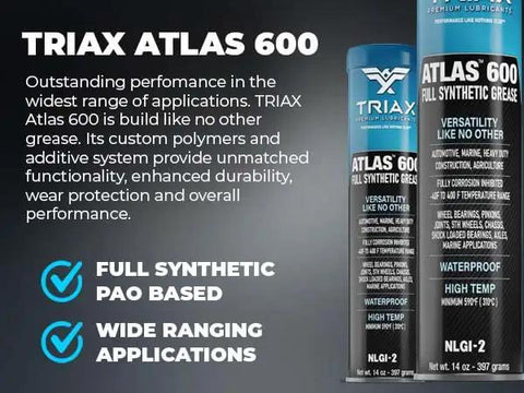 Atlas 600 Grease Full Synthetic Ultra Heavy Duty Lubricant For Low Temp Marine Use Waterproof Built Tough For All Bearings Joints Drive Train And 5th Wheel 14 Oz Tube Pack Of 2 shown with text highlighting its versatility and performance features.