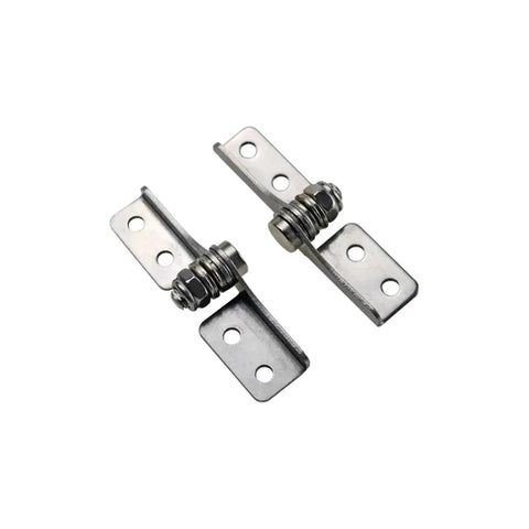 Pair of stainless steel damping hinges with mounting plates, adjustable torque pivots and free-stop positioning.