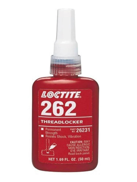 Front view of red Loctite 262 Threadlocker bottle, high-strength adhesive for metal fasteners, preventing vibration loosening.