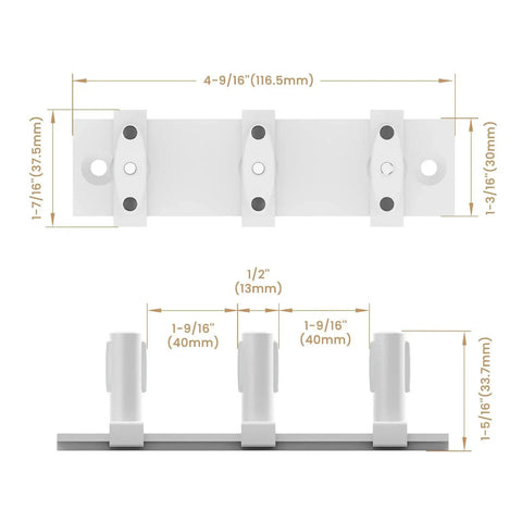 Sliding Barn Door Floor Guide For Double Bypass Doors With Adjustable Three Roller System in white, front and side view measurements