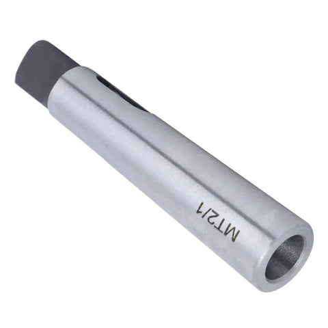 Side view of silver Morse reducing adapter drill sleeve MT2 to MT1 taper shank.